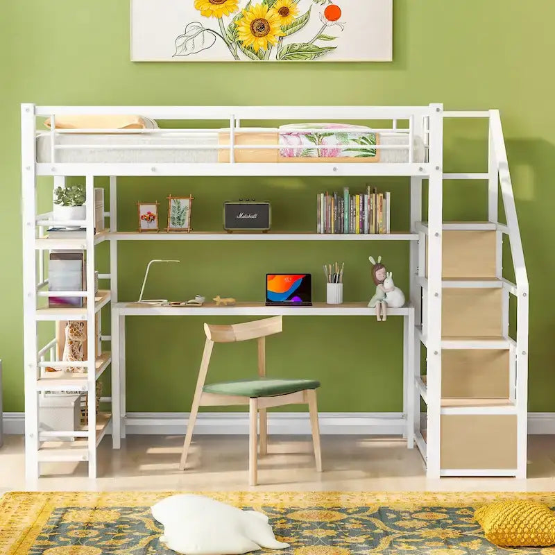 Lit mezzanine simple avec escalier, bureau intégré et étagères à 4 niveaux