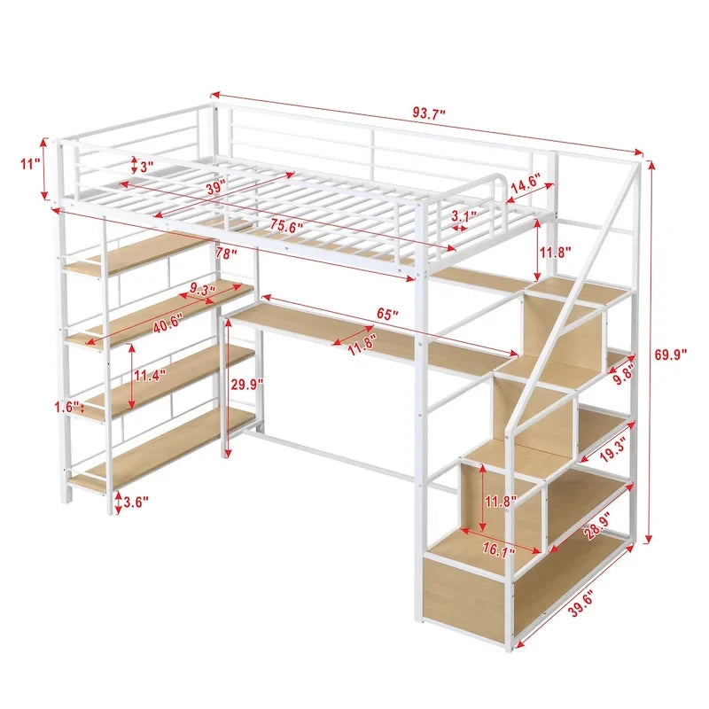 Lit mezzanine simple avec escalier, bureau intégré et étagères à 4 niveaux