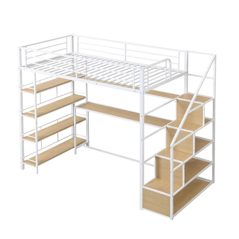Lit mezzanine simple avec escalier, bureau intégré et étagères à 4 niveaux