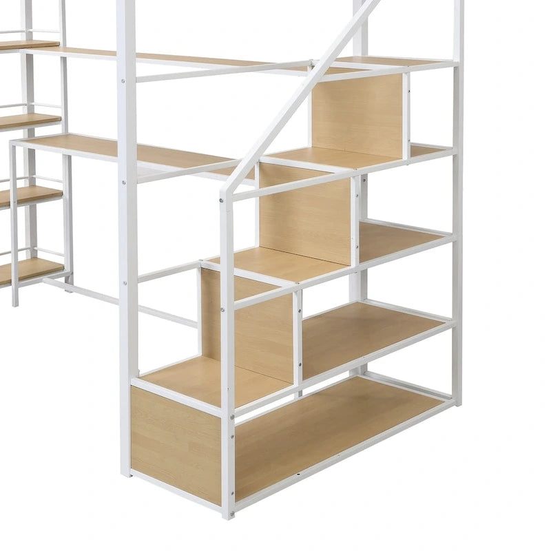 Lit mezzanine simple avec escalier, bureau intégré et étagères à 4 niveaux