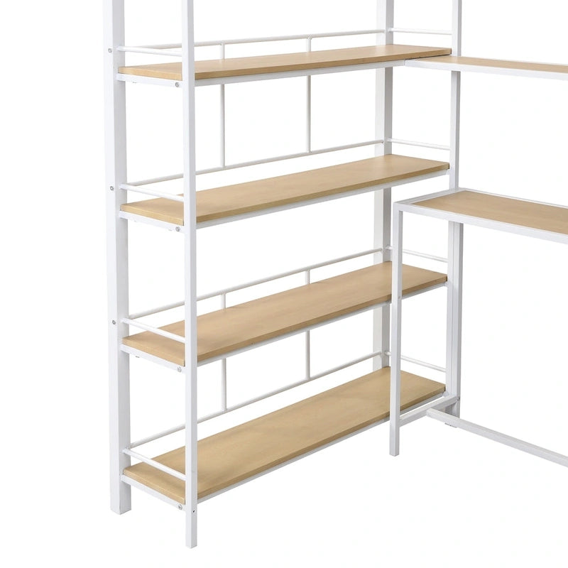 Lit mezzanine simple avec escalier, bureau intégré et étagères à 4 niveaux