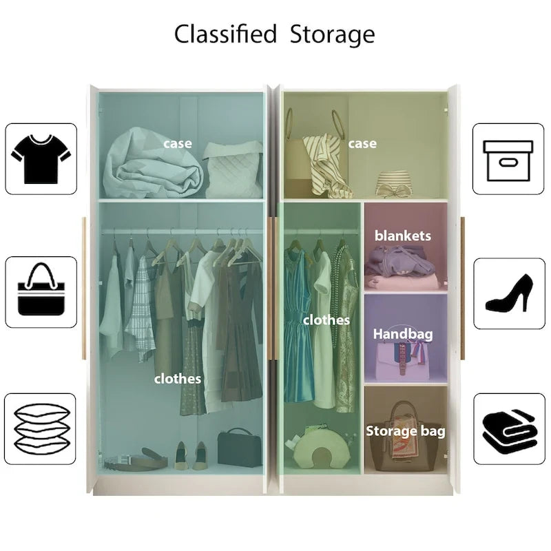 Armoire 4 portes avec tringles et compartiments de rangement, pour chambre à coucher (bois blanc/gris)