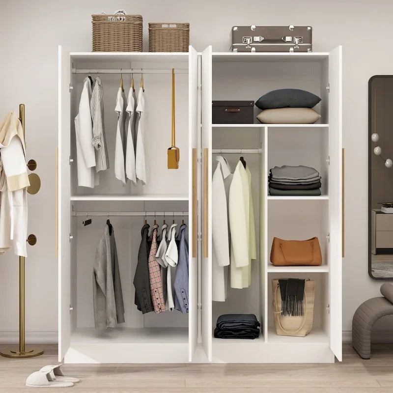 Armoire 4 portes avec tringles et compartiments de rangement, pour chambre à coucher (bois blanc/gris)