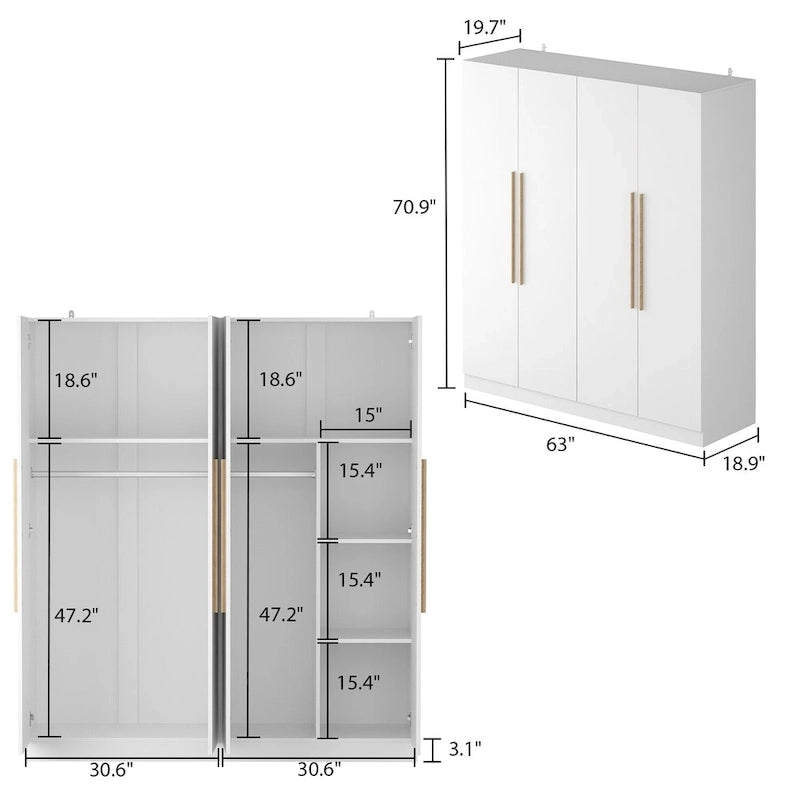 Armoire 4 portes avec tringles et compartiments de rangement, pour chambre à coucher (bois blanc/gris)