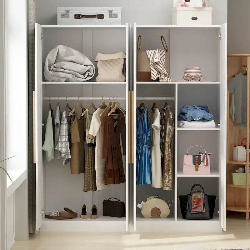 Armoire 4 portes avec tringles et compartiments de rangement, pour chambre à coucher (bois blanc/gris)