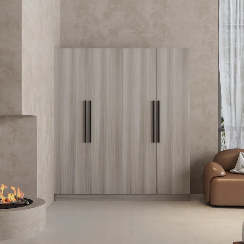 Armoire 4 portes avec tringles et compartiments de rangement, pour chambre à coucher (bois blanc/gris)