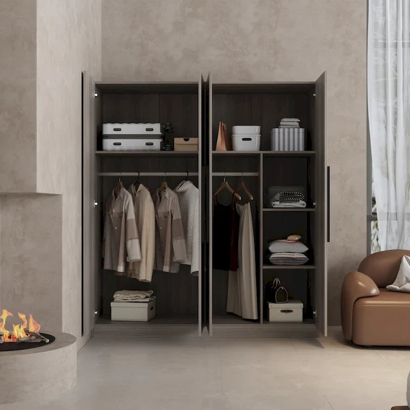 Armoire 4 portes avec tringles et compartiments de rangement, pour chambre à coucher (bois blanc/gris)