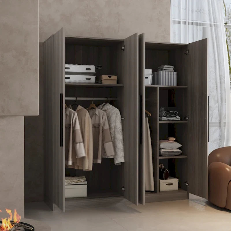 Armoire 4 portes avec tringles et compartiments de rangement, pour chambre à coucher (bois blanc/gris)