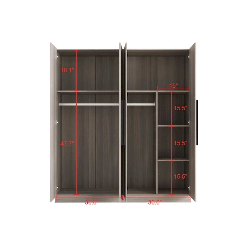 Armoire 4 portes avec tringles et compartiments de rangement, pour chambre à coucher (bois blanc/gris)