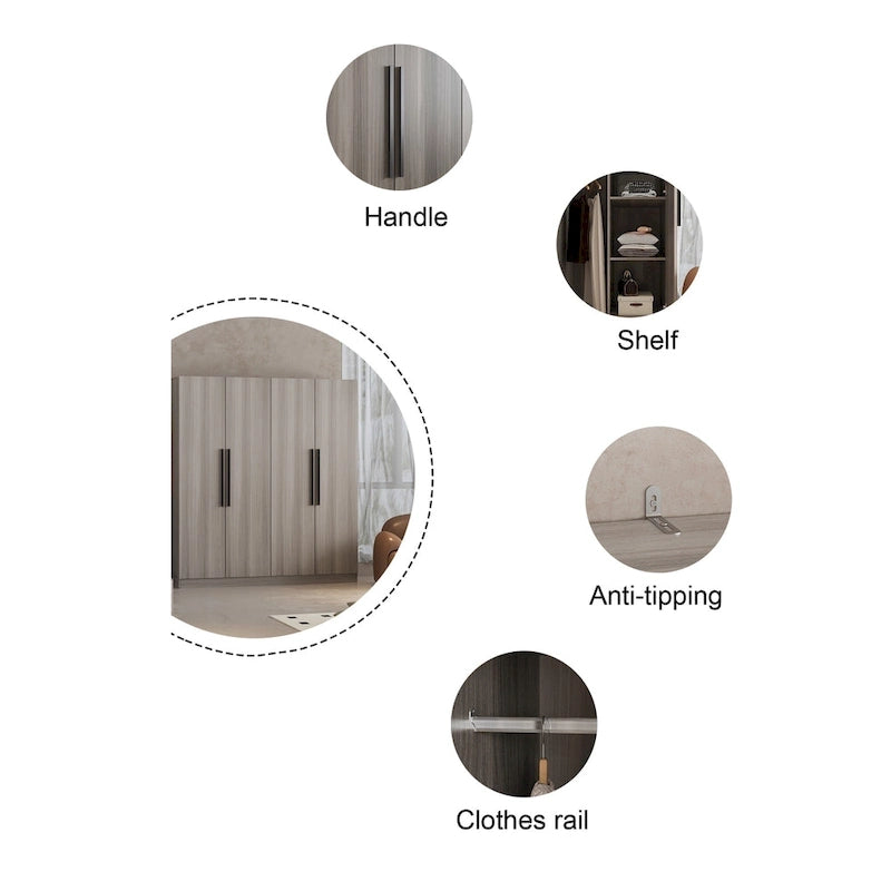 Armoire 4 portes avec tringles et compartiments de rangement, pour chambre à coucher (bois blanc/gris)