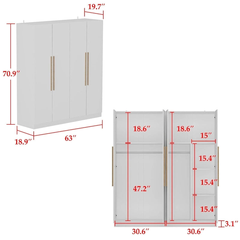 Armoire 4 portes avec tringles et compartiments de rangement, pour chambre à coucher (bois blanc/gris)