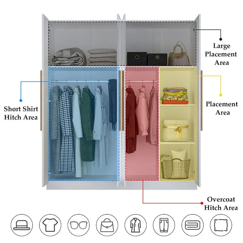 Armoire 4 portes avec tringles et compartiments de rangement, pour chambre à coucher (bois blanc/gris)