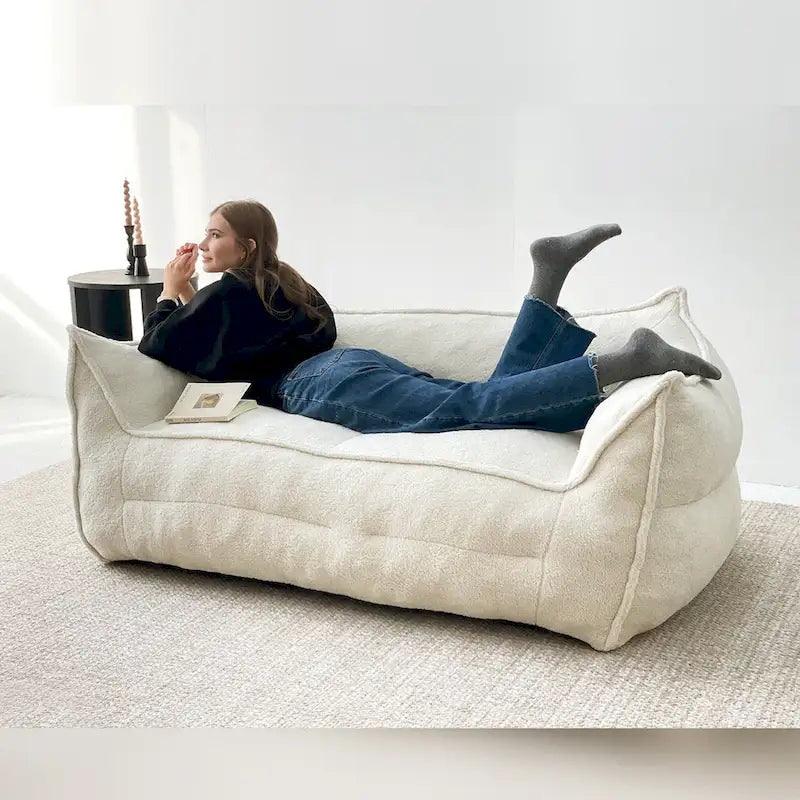 Canapé paresseux 2 places en bouclette, causeuse style pouf en mousse haute densité