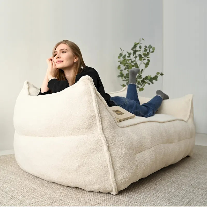 Canapé paresseux 2 places en bouclette, causeuse style pouf en mousse haute densité