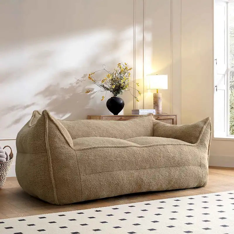Canapé paresseux 2 places en bouclette, causeuse style pouf en mousse haute densité