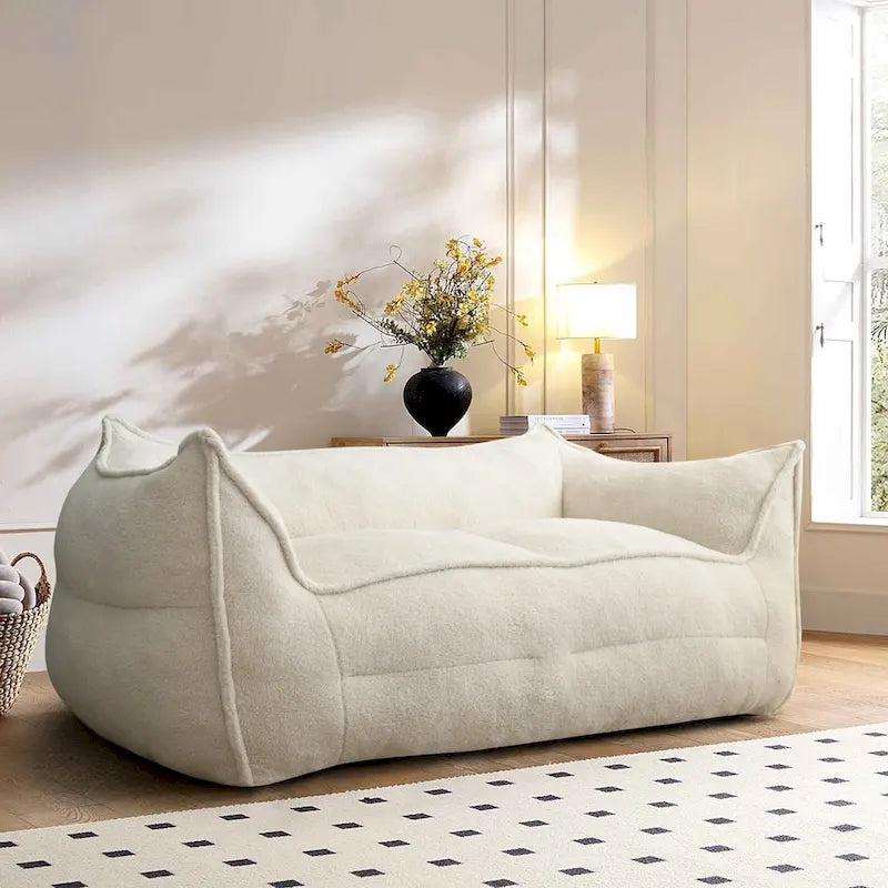 Canapé paresseux 2 places en bouclette, causeuse style pouf en mousse haute densité