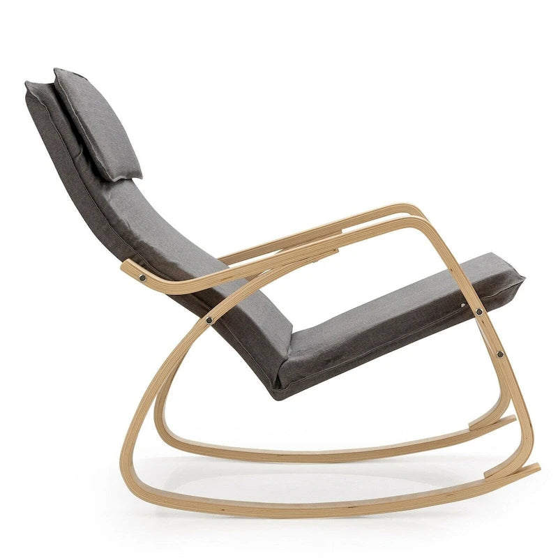 Fauteuil à bascule moderne en bois courbé avec dossier haut et coussin épais rembourré