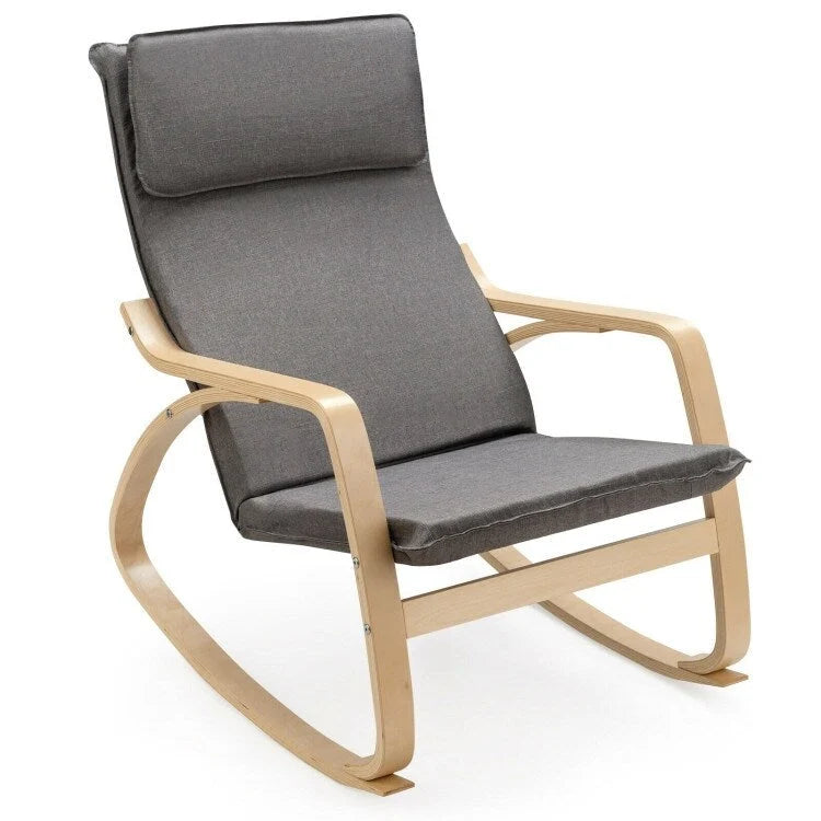 Fauteuil à bascule moderne en bois courbé avec dossier haut et coussin épais rembourré