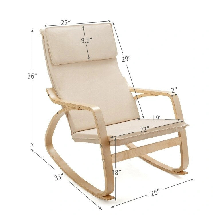 Fauteuil à bascule moderne en bois courbé avec dossier haut et coussin épais rembourré