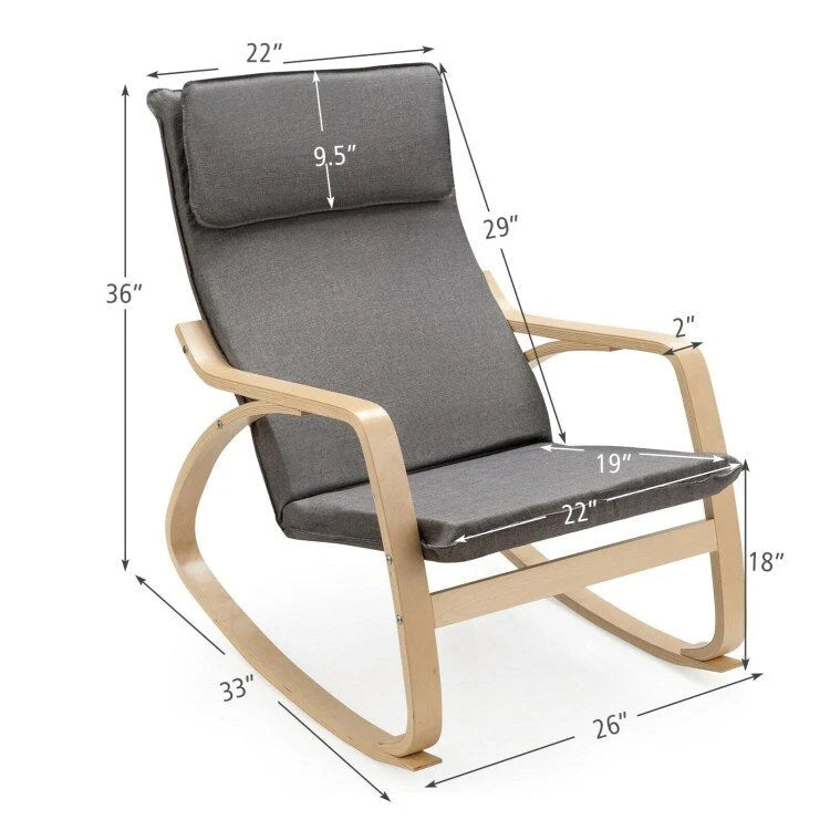 Fauteuil à bascule moderne en bois courbé avec dossier haut et coussin épais rembourré