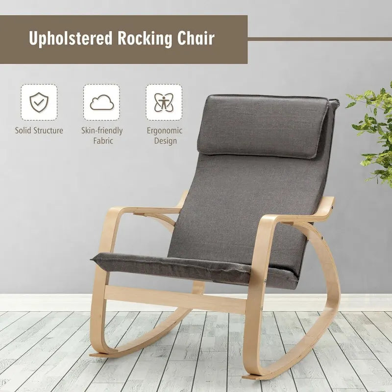 Fauteuil à bascule moderne en bois courbé avec dossier haut et coussin épais rembourré