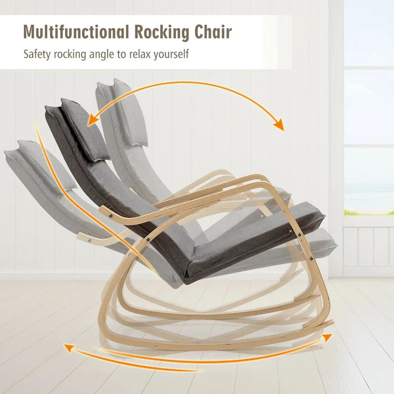 Fauteuil à bascule moderne en bois courbé avec dossier haut et coussin épais rembourré