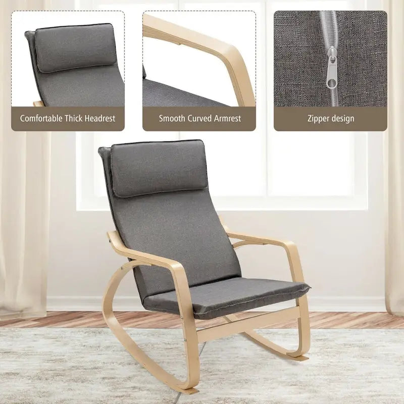 Fauteuil à bascule moderne en bois courbé avec dossier haut et coussin épais rembourré
