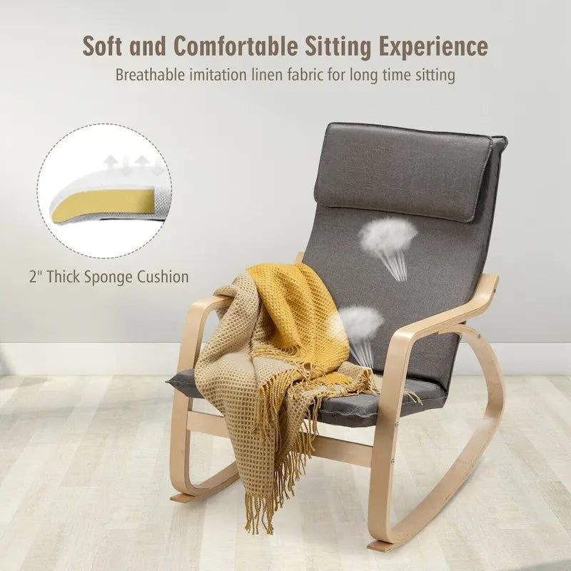 Fauteuil à bascule moderne en bois courbé avec dossier haut et coussin épais rembourré
