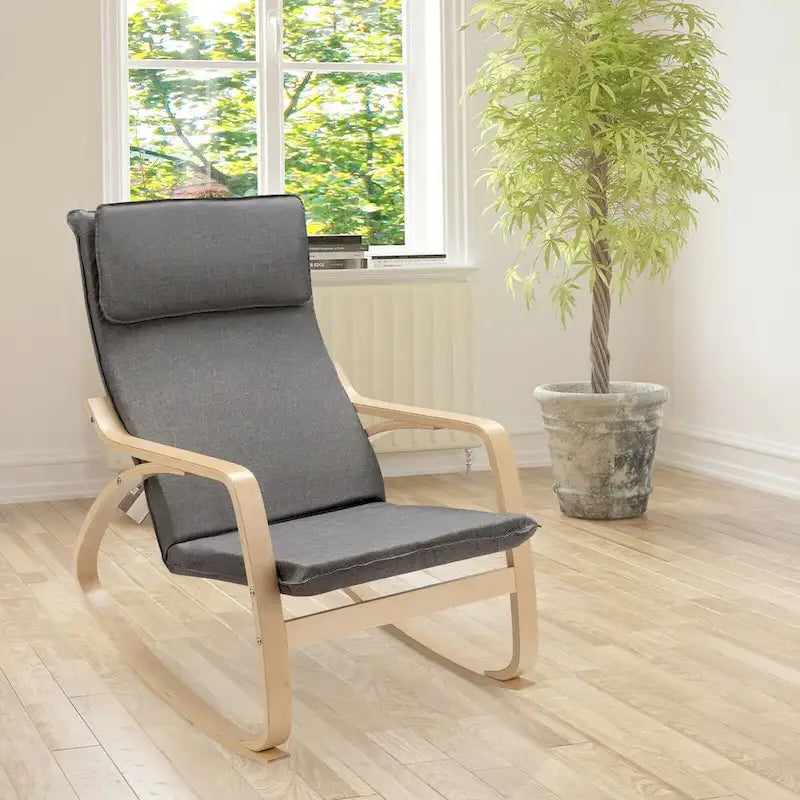 Fauteuil à bascule moderne en bois courbé avec dossier haut et coussin épais rembourré