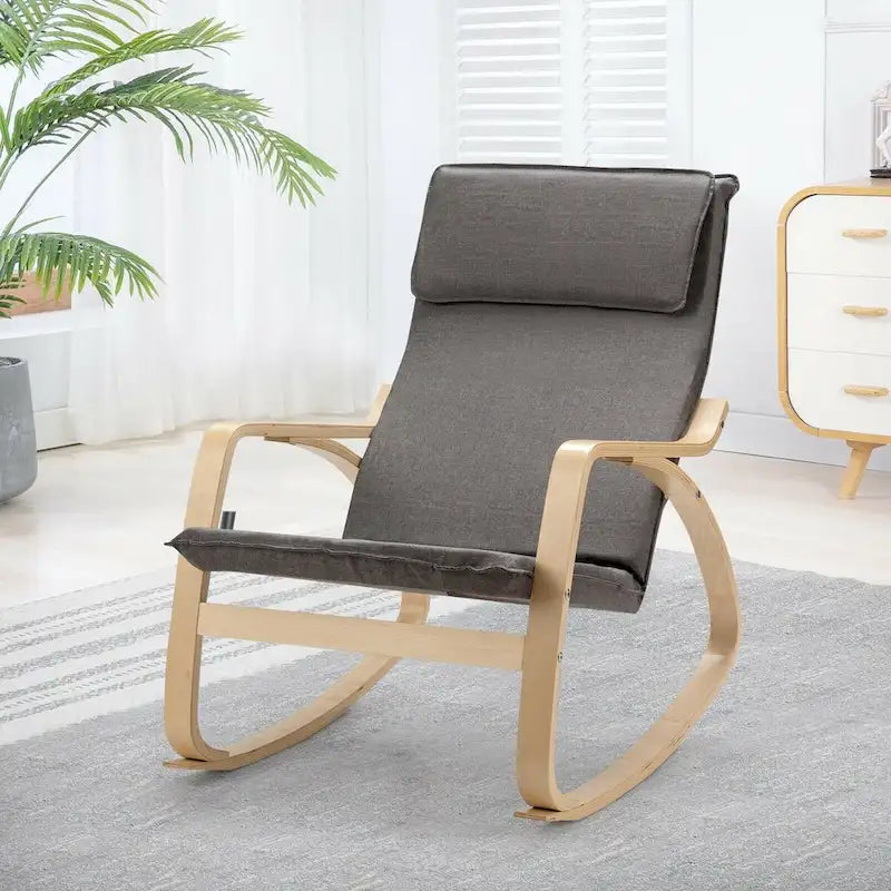 Fauteuil à bascule moderne en bois courbé avec dossier haut et coussin épais rembourré