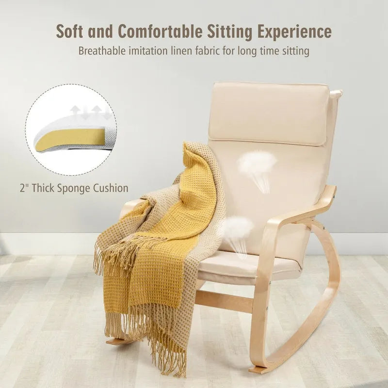 Fauteuil à bascule moderne en bois courbé avec dossier haut et coussin épais rembourré