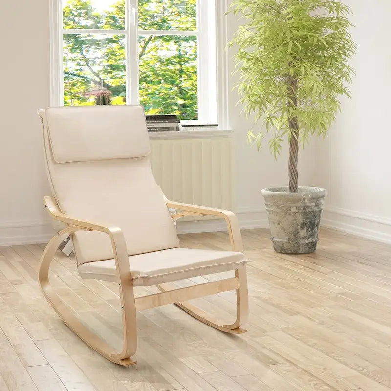 Fauteuil à bascule moderne en bois courbé avec dossier haut et coussin épais rembourré