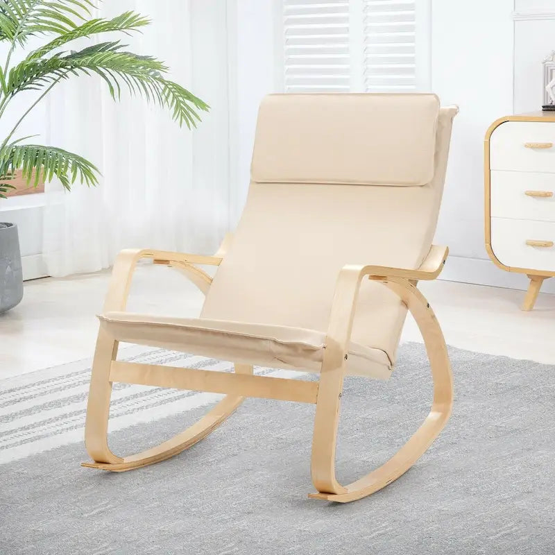 Fauteuil à bascule moderne en bois courbé avec dossier haut et coussin épais rembourré