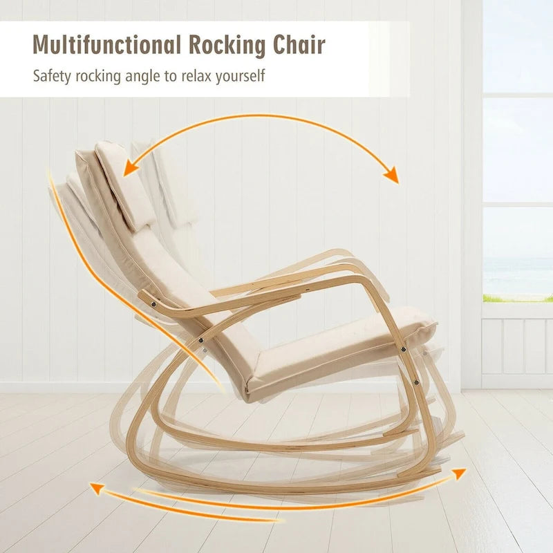 Fauteuil à bascule moderne en bois courbé avec dossier haut et coussin épais rembourré