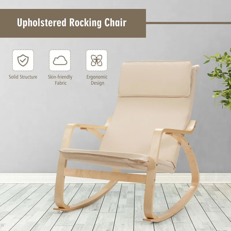 Fauteuil à bascule moderne en bois courbé avec dossier haut et coussin épais rembourré