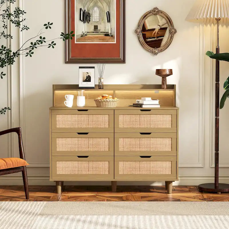 Commode de rangement à 6 tiroirs en rotin avec lumières LED et prise de courant, pour chambre à coucher et salon