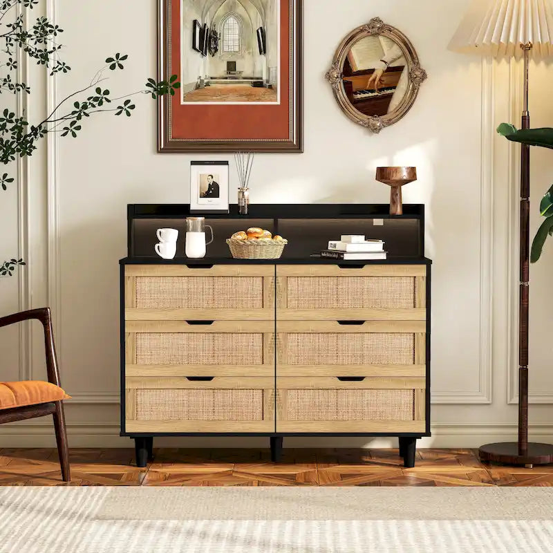 Commode de rangement à 6 tiroirs en rotin avec lumières LED et prise de courant, pour chambre à coucher et salon