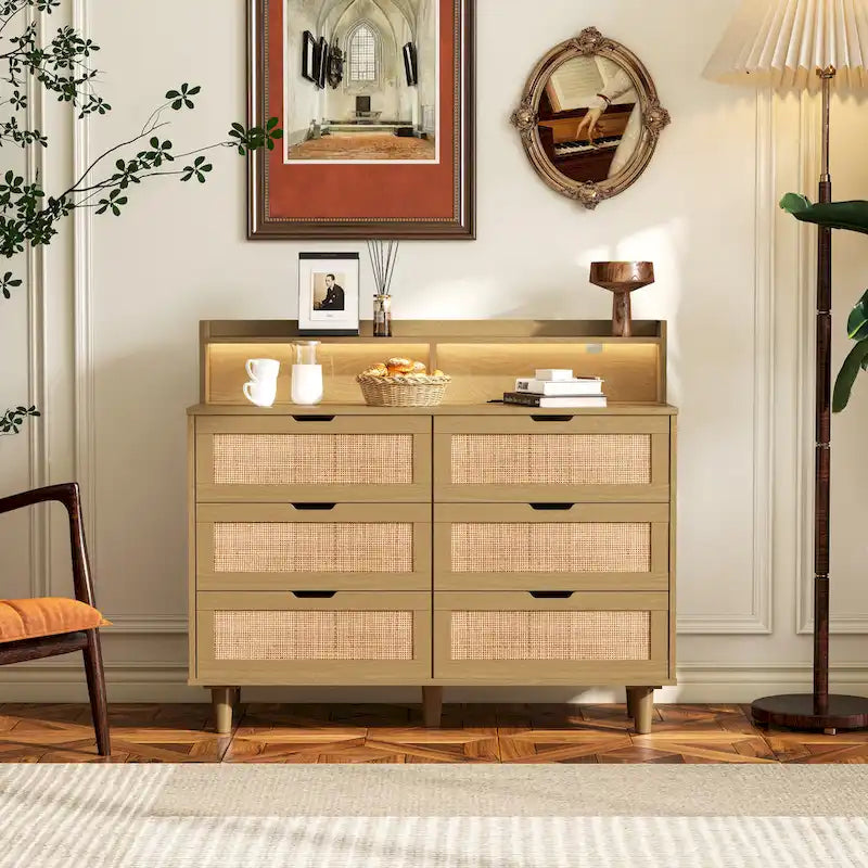 Commode de rangement à 6 tiroirs en rotin avec lumières LED et prise de courant, pour chambre à coucher et salon