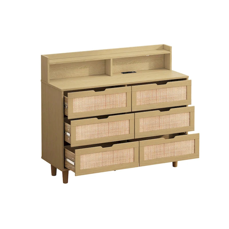 Commode de rangement à 6 tiroirs en rotin avec lumières LED et prise de courant, pour chambre à coucher et salon