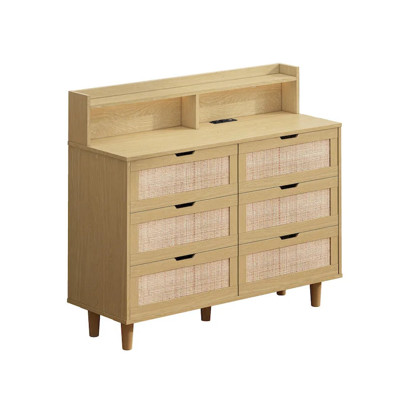 Commode de rangement à 6 tiroirs en rotin avec lumières LED et prise de courant, pour chambre à coucher et salon