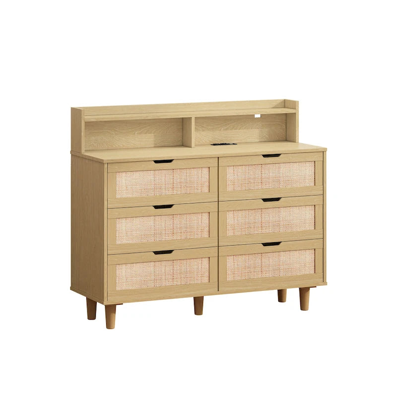 Commode de rangement à 6 tiroirs en rotin avec lumières LED et prise de courant, pour chambre à coucher et salon