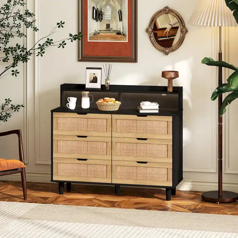 Commode de rangement à 6 tiroirs en rotin avec lumières LED et prise de courant, pour chambre à coucher et salon