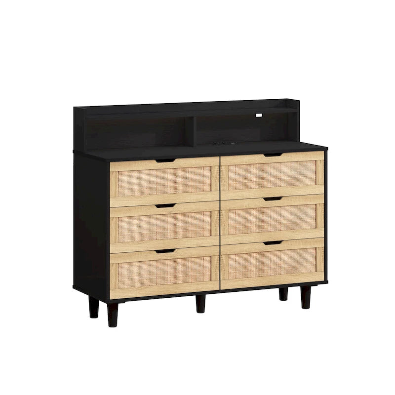 Commode de rangement à 6 tiroirs en rotin avec lumières LED et prise de courant, pour chambre à coucher et salon