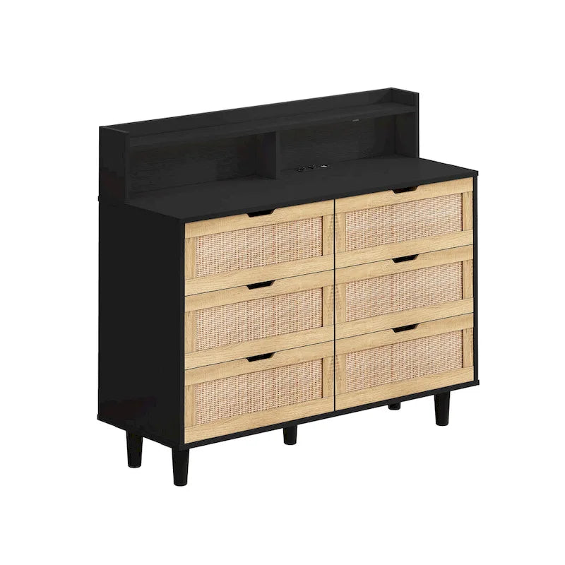 Commode de rangement à 6 tiroirs en rotin avec lumières LED et prise de courant, pour chambre à coucher et salon
