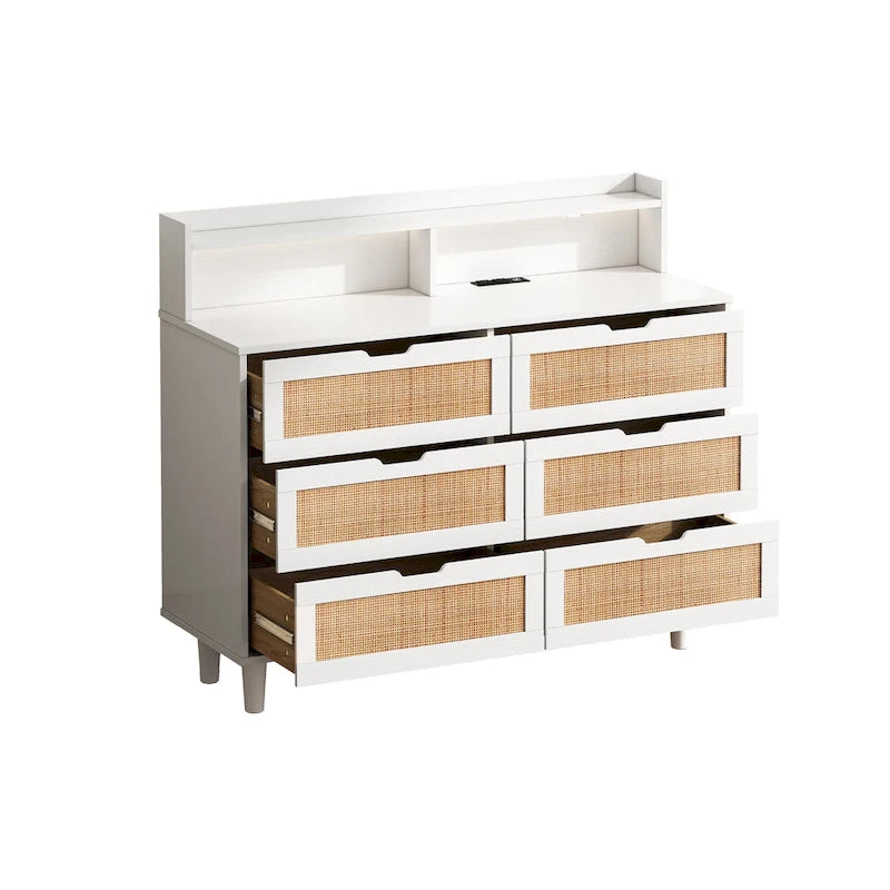 Commode de rangement à 6 tiroirs en rotin avec lumières LED et prise de courant, pour chambre à coucher et salon