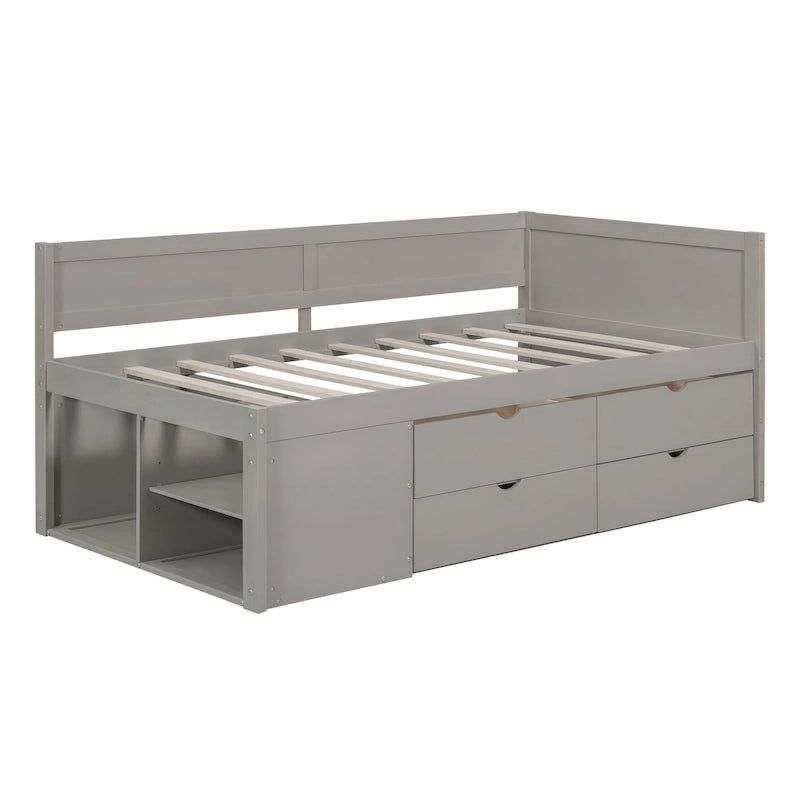 Lit de repos gigogne simple avec 4 tiroirs et 3 étagères ouvertes, support à lattes en bois