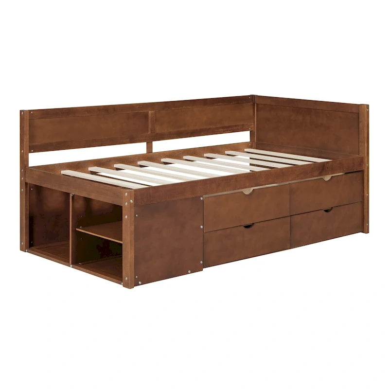Lit de repos gigogne simple avec 4 tiroirs et 3 étagères ouvertes, support à lattes en bois