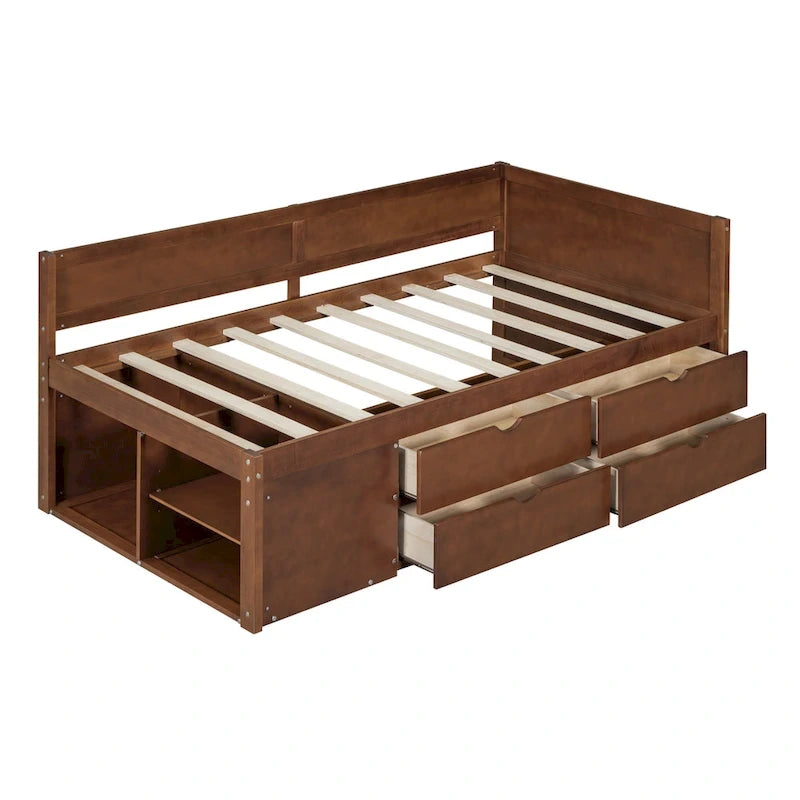 Lit de repos gigogne simple avec 4 tiroirs et 3 étagères ouvertes, support à lattes en bois