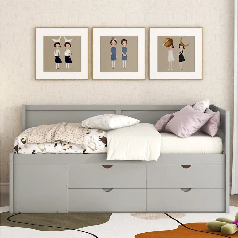 Lit de repos gigogne simple avec 4 tiroirs et 3 étagères ouvertes, support à lattes en bois