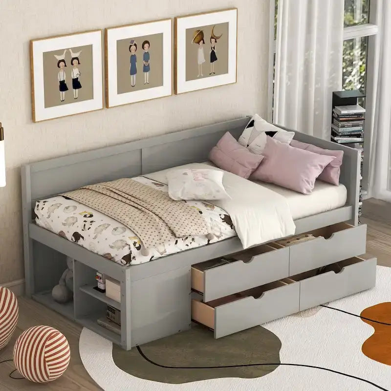 Lit de repos gigogne simple avec 4 tiroirs et 3 étagères ouvertes, support à lattes en bois